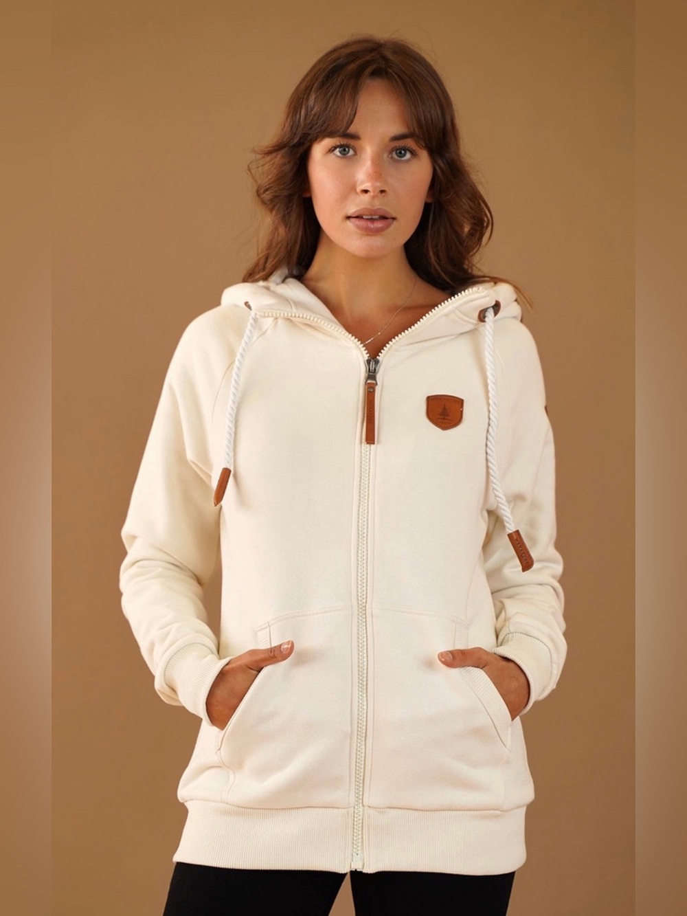 Wanakome Cream Full-Zip Hoodie with Leather-Accent Drawcords